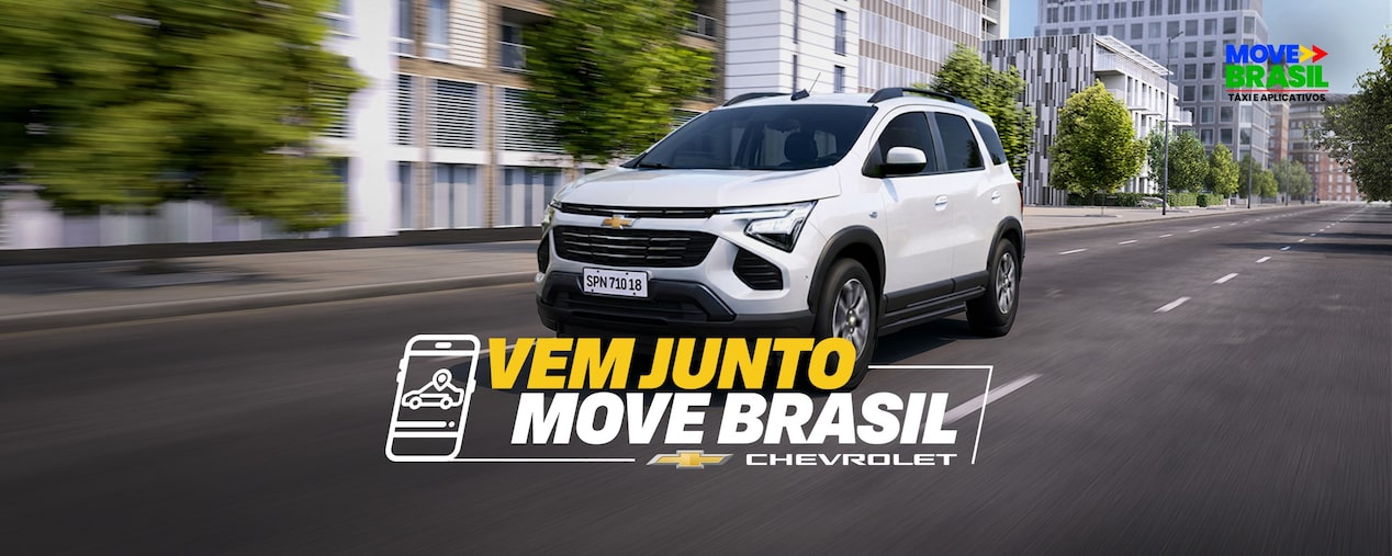Spin Chevrolet branco em movimento em rua urbana, destacado em campanha Vem Junto Move Brasil para motoristas de aplicativo e taxistas. Anúncio automotivo da Chevrolet promove mobilidade, financiamento de veículo e soluções para profissionais de transporte, foco no mercado brasileiro.
