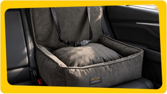 Cama para pets Chevrolet com design exclusivo, posicionada no banco traseiro do carro para oferecer conforto e segurança durante viagens.