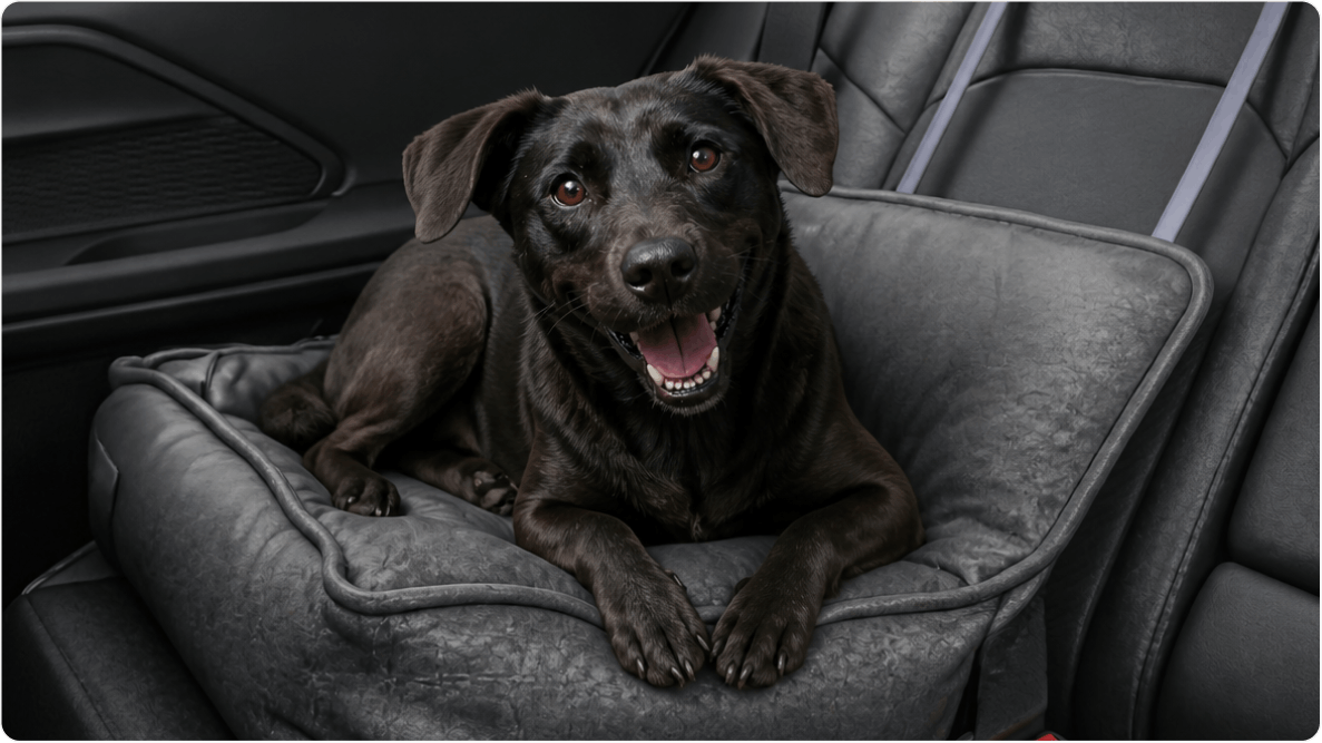 Cachorra Felina de porte médio, sentada no banco de um carro. Disponível para adoção pelo Instituto Caramelo.