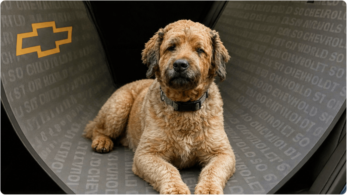 Cachorro Nick Fury de porte médio, sentado em banco de carro. Disponível para adoção pelo Instituto Caramelo.
