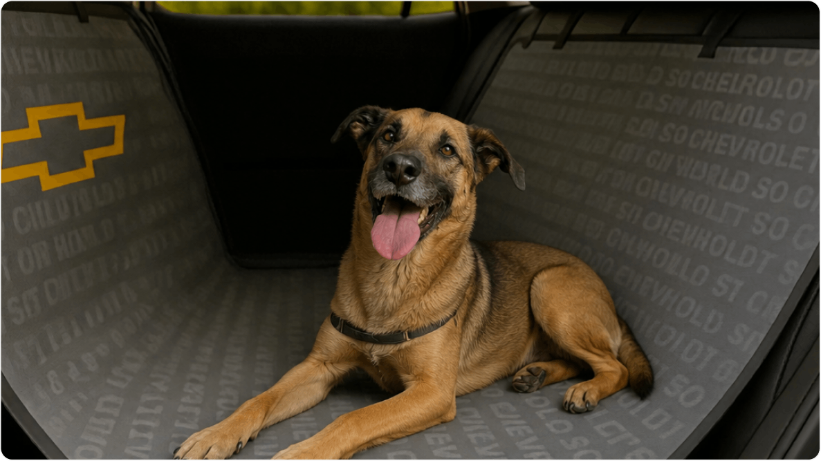 Cachorro Ícaro: porte médio, sentado no banco de um carro. Disponível para adoção pelo Instituto Caramelo.