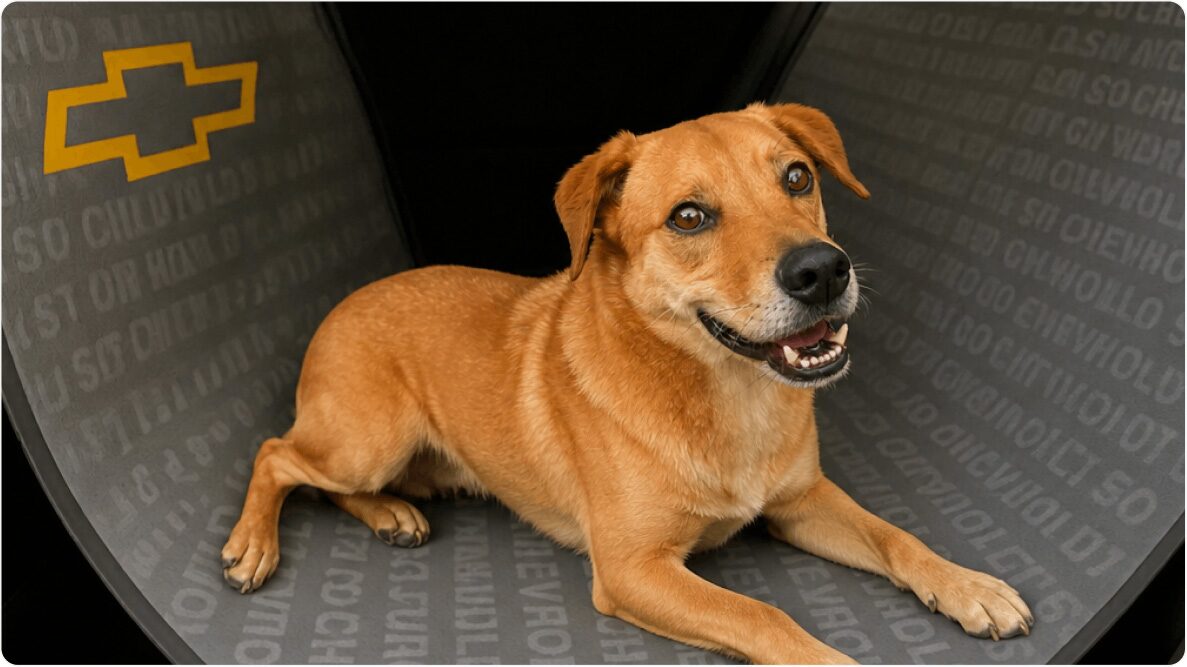 Cachorro Thor de porte médio, sentado em banco de carro. Disponível para adoção pelo Instituto Caramelo.