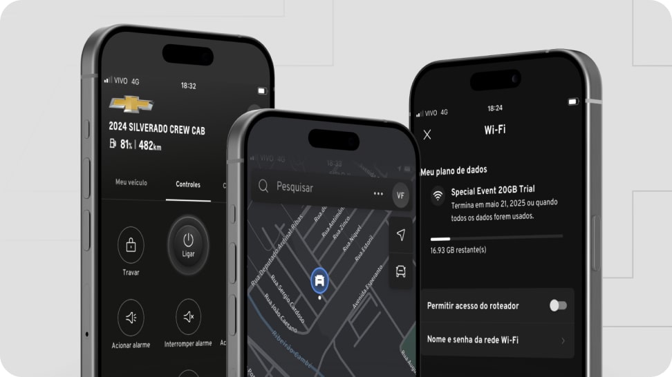 Aplicativo myChevrolet exibido em três smartphones, com funcionalidades como Wi-Fi veicular, localização e controle remoto