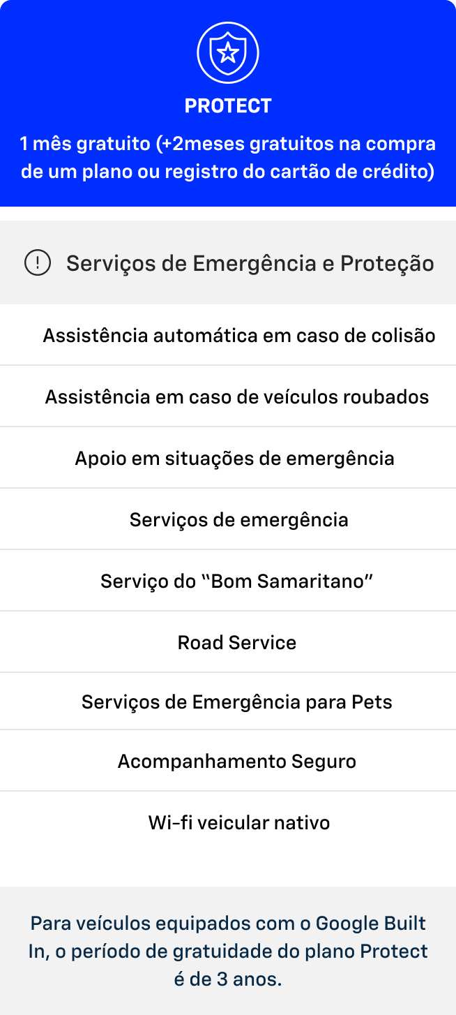 Plano OnStar Protect com serviços de emergência e proteção, assistência em caso de colisão ou roubo, Road Service, acompanhamento seguro e Wi-Fi veicular nativo.