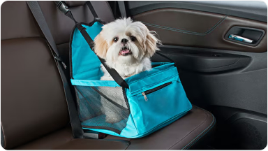 Imagem do interior da nova picape Chevrolet Silverado, mostrando um cachorro branco sentado na cadeirinha pet de banco.