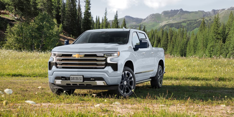 Imagem de uma Chevrolet Silverado na cor branca sob a grama com montanhas ao fundo.
