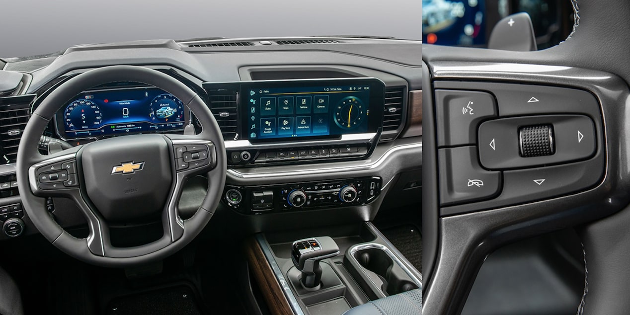 Imagem com duas fotos: cobrindo 2/3 da esquerda uma imagem do volante e da central Multimídia; à direita, uma imagem dos botões do volante