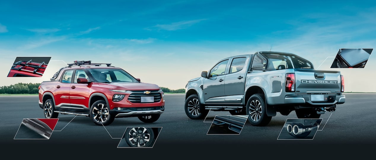 Duas picapes Chevrolet representando os acessórios dos carros