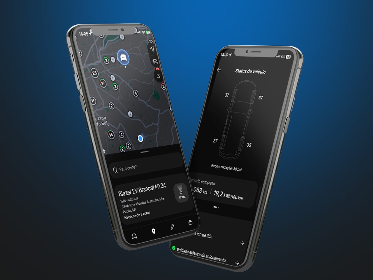 Telas do app MyChevrolet com recursos de controle remoto e informações do veículo.