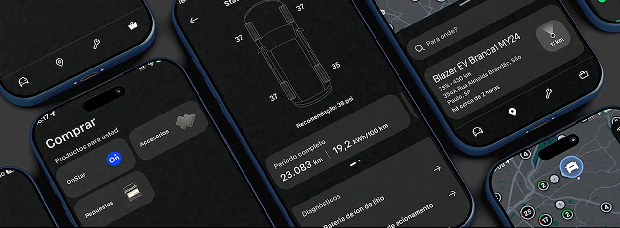 Aplicativo exibindo diagnóstico e informações de desempenho do veículo Chevrolet, serviço OnStar.