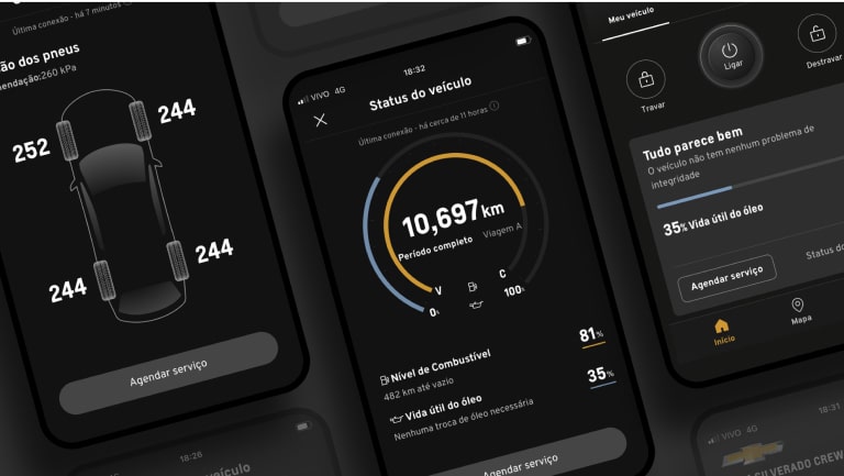 Tela de smartphone mostrando o painel do aplicativo myChevrolet com informações de autonomia de bateria, status de carregamento e controle remoto do veículo elétrico.
