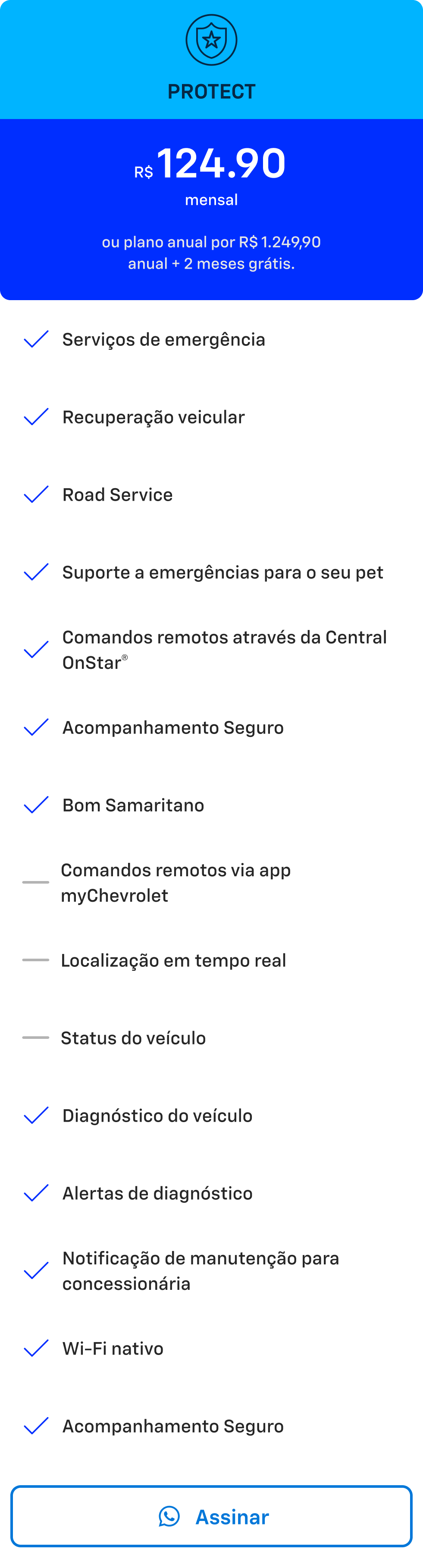 Card azul com texto Protect. Oferta de plano OnStar por R$124,90 mensal ou plano anual por R$1.249,90 com 2 meses grátis.