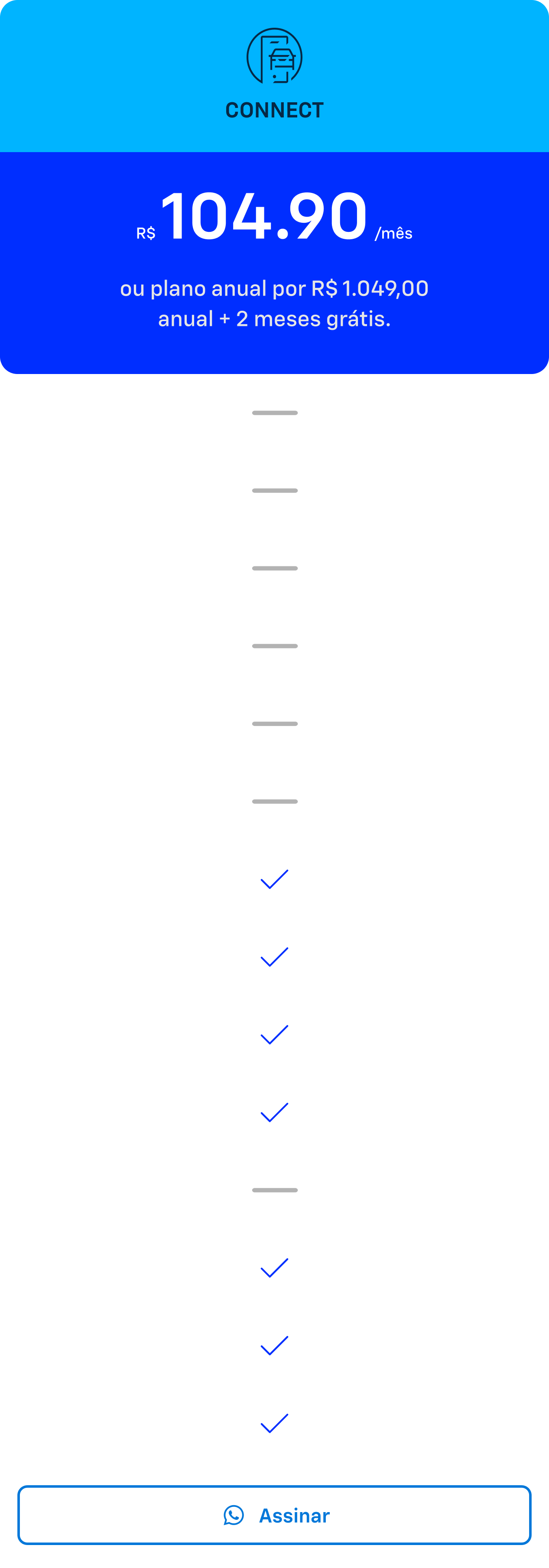 Card azul com texto Connect. Oferta de plano OnStar por R$104,90 mensal ou plano anual por R$1.049 com 2 meses grátis.