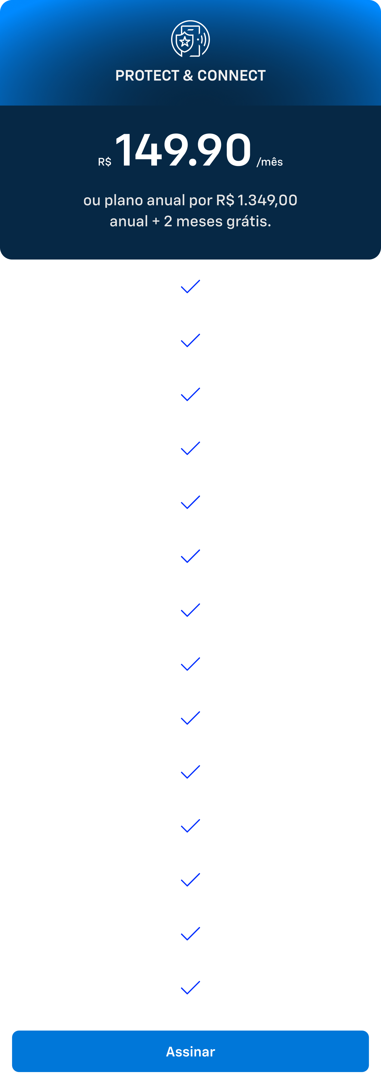 Card do plano Protect & Connect da Chevrolet OnStar. Assinatura mensal de R$149,90 ou anual de R$1.349 com 2 meses grátis.