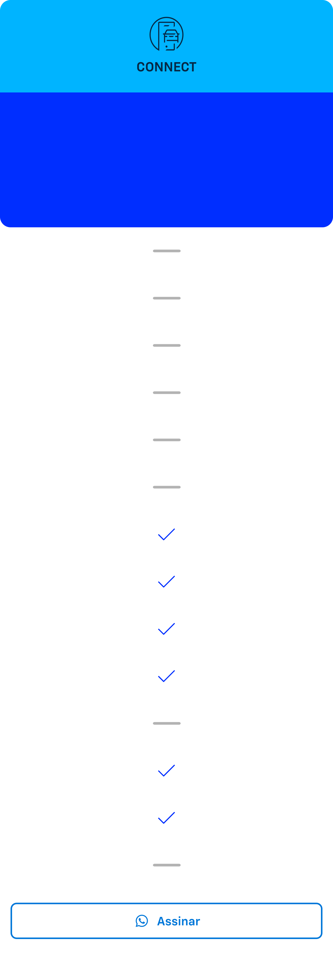 Card azul com texto Connect. Oferta de plano OnStar por R$104,90 mensal ou plano anual por R$1.049 com 2 meses grátis.