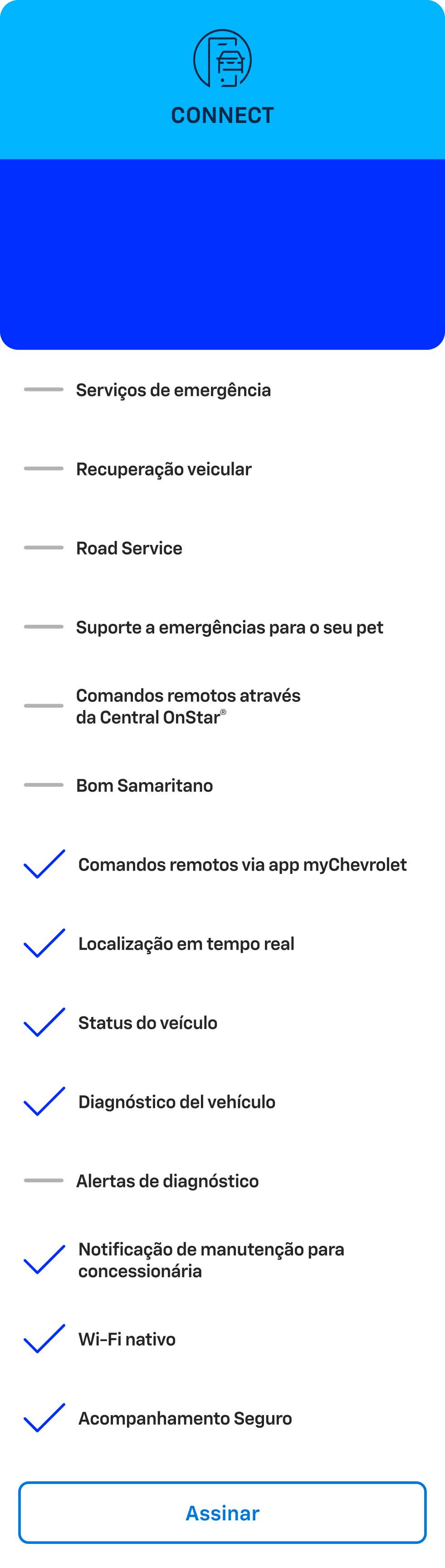 Card azul com texto Connect. Oferta de plano OnStar por R$104,90 mensal ou plano anual por R$1.049 com 2 meses grátis.