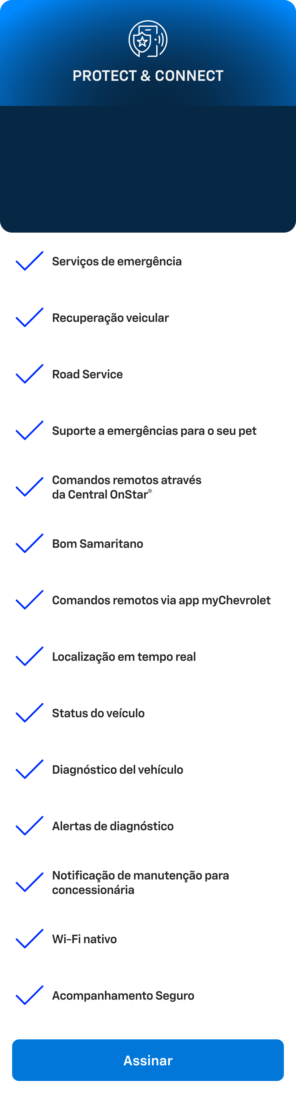 Card do plano Protect & Connect da Chevrolet OnStar. Assinatura mensal de R$149,90 ou anual de R$1.349 com 2 meses grátis.
