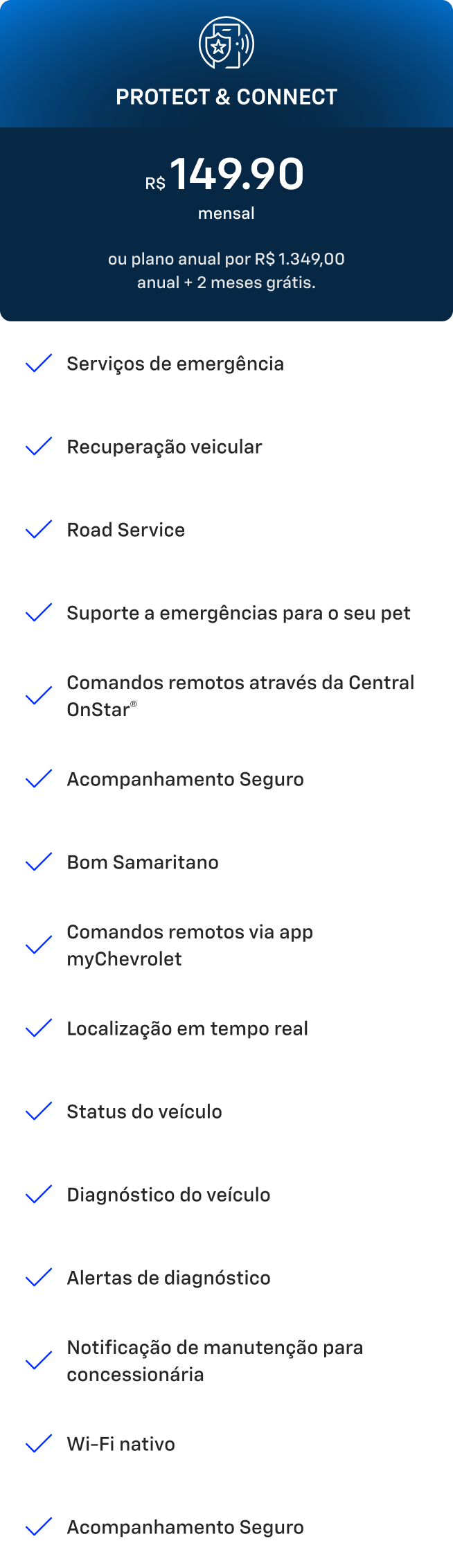 Card azul com texto Connect. Oferta de plano OnStar por R$104,90 mensal ou plano anual por R$1.049 com 2 meses grátis.