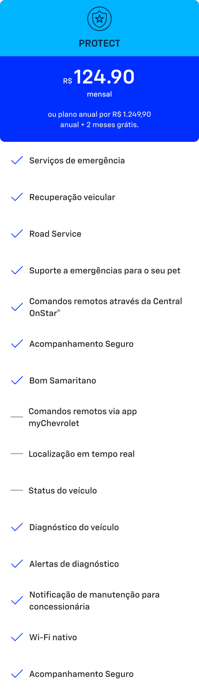 Card azul com texto Protect. Oferta de plano OnStar por R$124,90 mensal ou plano anual por R$1.249,90 com 2 meses grátis.