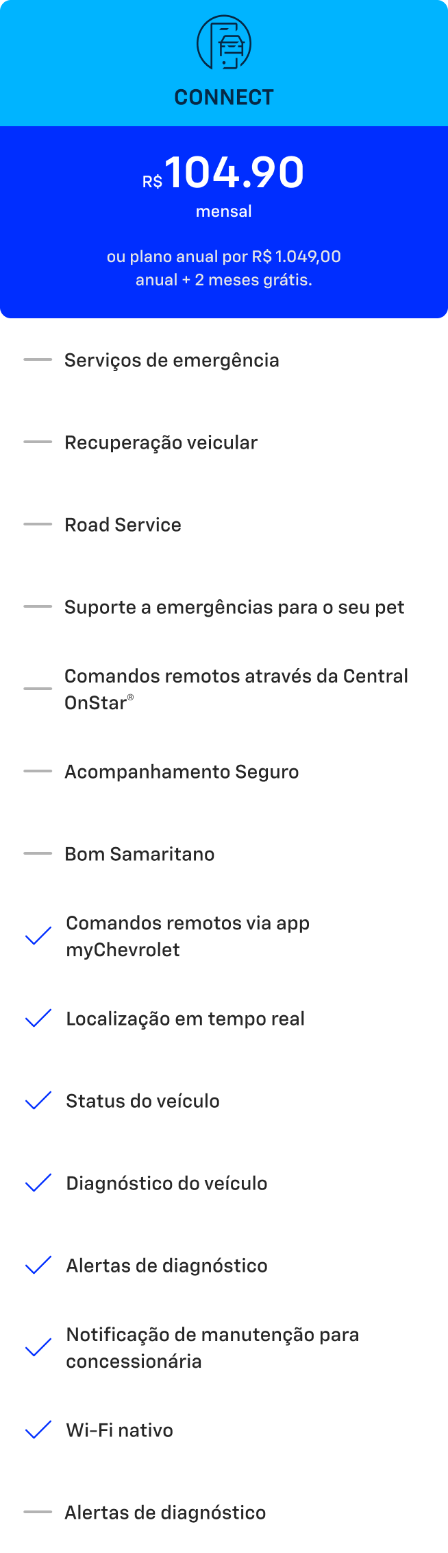 Card do plano Protect & Connect da Chevrolet OnStar. Assinatura mensal de R$149,90 ou anual de R$1.349 com 2 meses grátis.