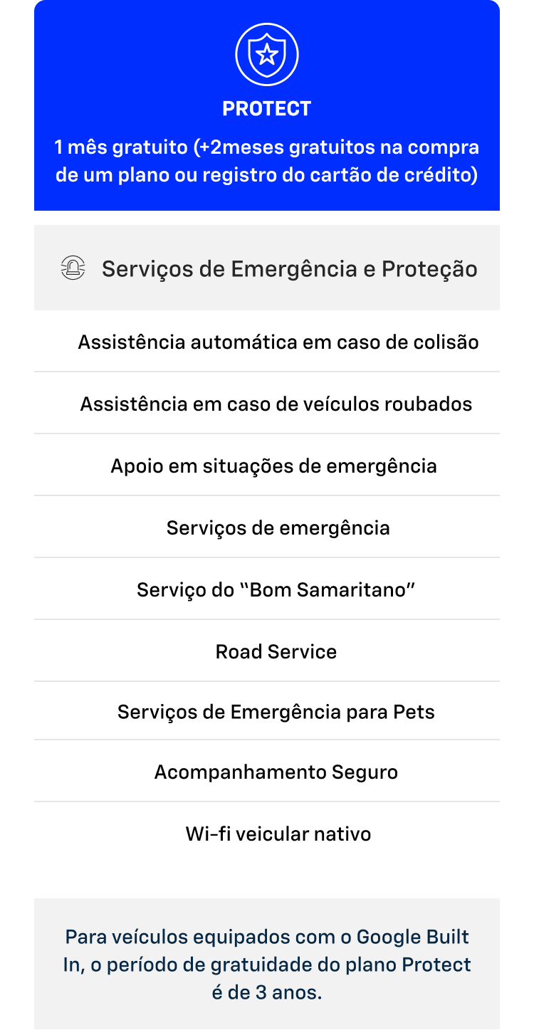 Uma tabela com informações de OnStar. Nela, temos tudo o que está incluso no plano Protect. 