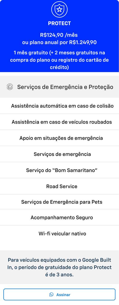 Uma tabela com informações de OnStar. A tabela está separada em duas partes. A primeira, fala do plano OnStar Basics, enquanto que na segunda parte, temos informações do plano Protect.