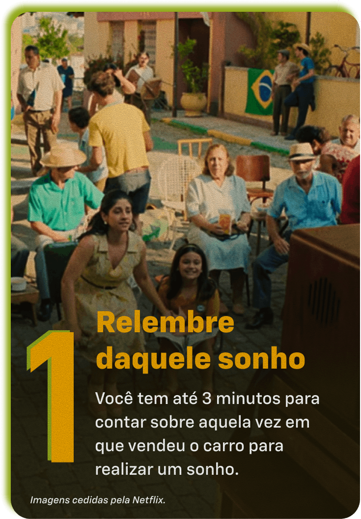 Campanha promocional Chevrolet com cena urbana retrô, pessoas reunidas assistindo TV e mensagem sobre realizar o sonho de comprar um carro