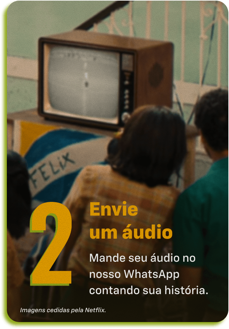 Anúncio Chevrolet com televisão antiga, pessoas reunidas e incentivo para enviar áudio no WhatsApp sobre sonho do carro