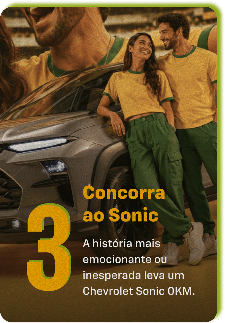 Chevrolet Sonic SUV em campanha promocional com pessoas ao lado do carro e chamada para concorrer a um Sonic 0km