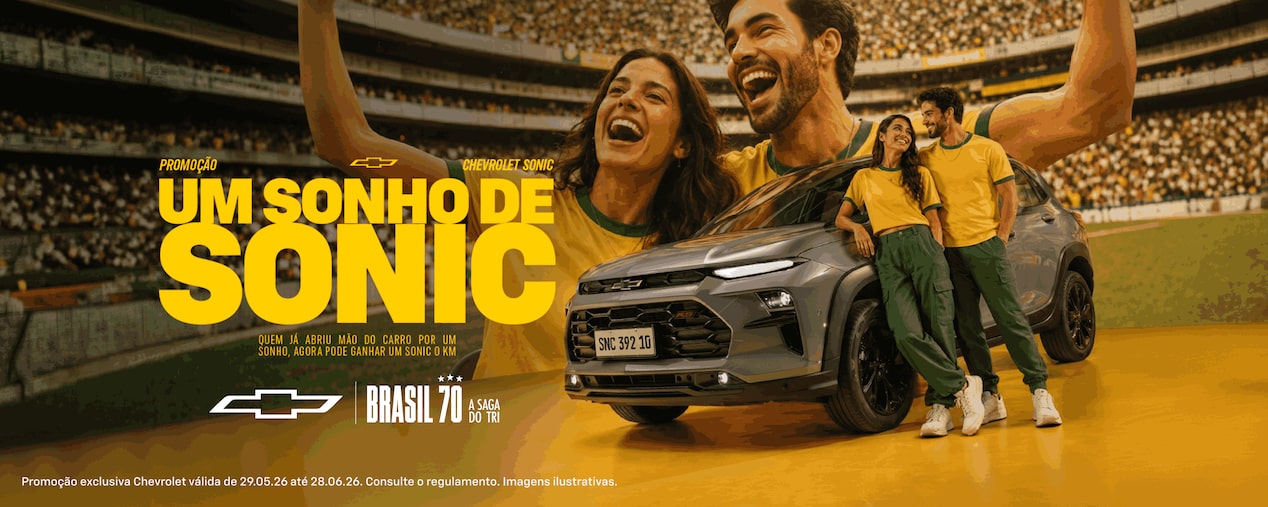 SUV Chevrolet Sonic em campanha Brasil 70 anos com Sonic RS em destaque e cenário de estádio