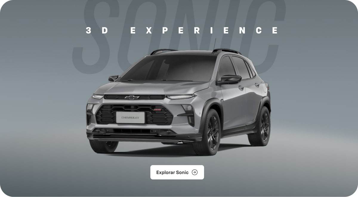 Chevrolet Sonic 2026 parado em um ambiente neutro. Destaque para a parte frontal do veículo. Ao fundo, o texto: Sonic 3D experience. Abaixo do carro, o botão: Explorar Sonic.