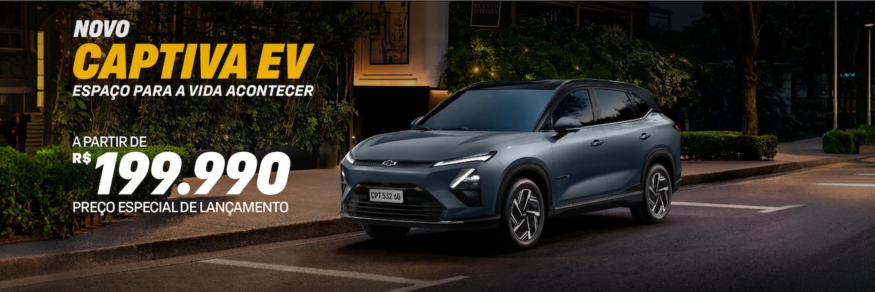 Banner campanha de varejo do novo Chevrolet Captiva EV. O veículo aparece em foto ambientada, estacionado na rua e posicionado no centro da imagem. À esquerda, o texto: Novo Captiva EV: espaço para a vida acontecer; logo abaixo, o valor: a partir de 199 mil, 990 reais - preço especial de lançamento; encerrando a composição, o botão de comprar agora.