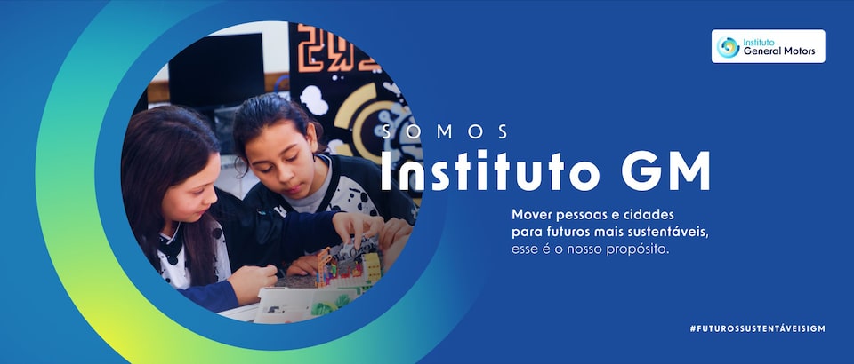 Banner de apresentação da nova identidade visual do Instituto GM com crianças realizando um desafio